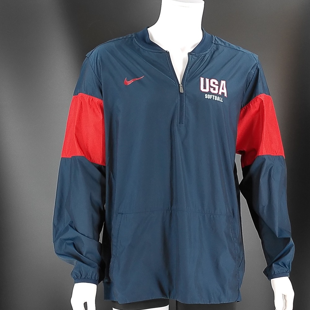 Nike USA Softball Windbreaker Mens XL Navy Blue Red Quarter Zip Pullover Jacket